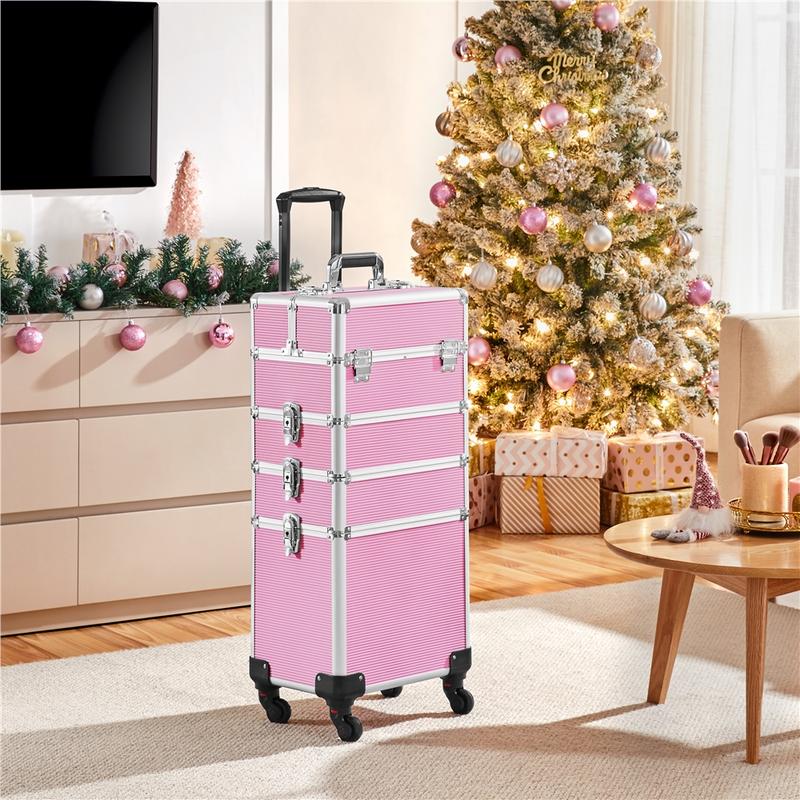Yaheetech 4-in-1 Professional Rolling Makeup Train Case Extra-large 4-Tiered Aluminum Cosmetic Trolley Storage on Wheels Cosmetic Organizer Traveling Cart