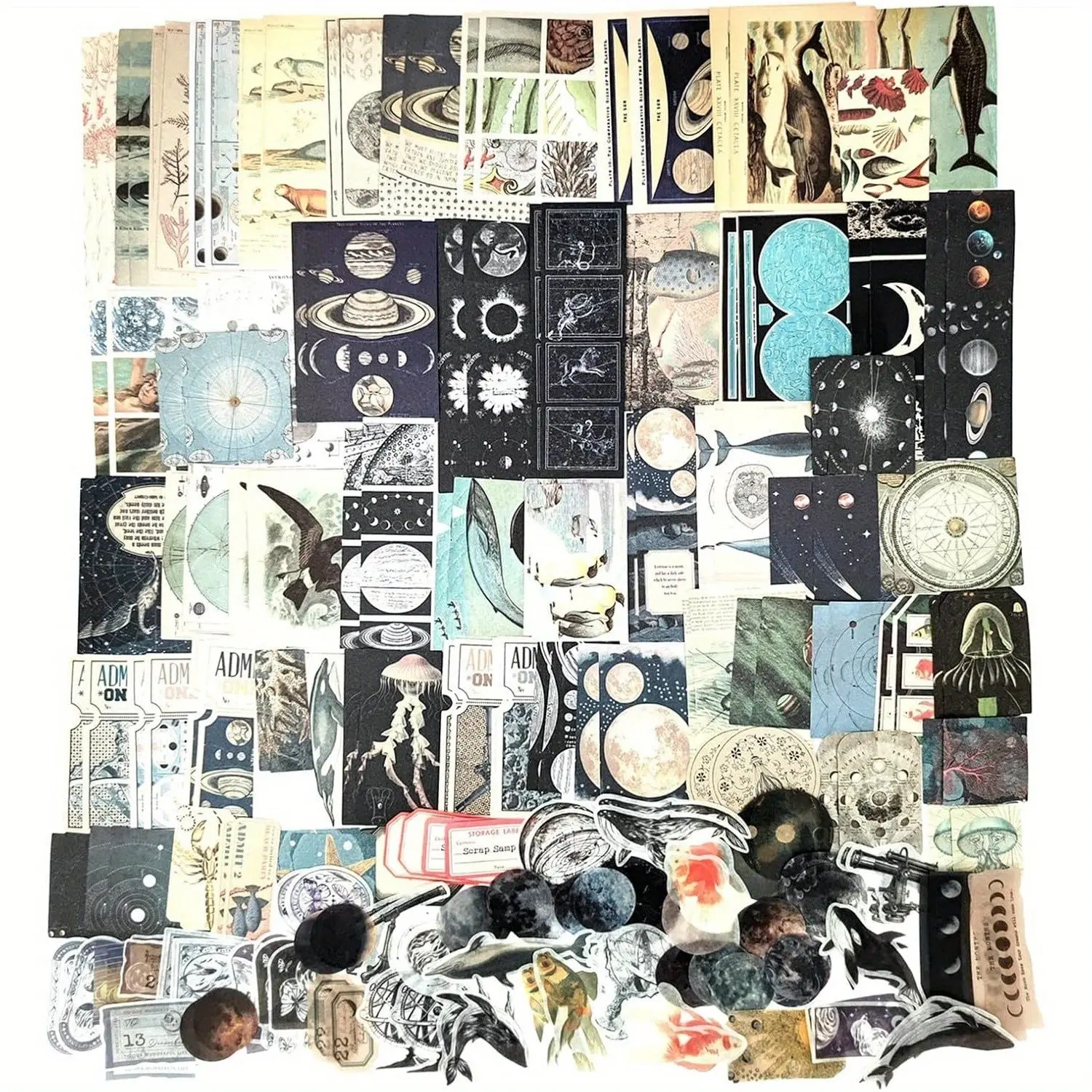 200-Piece Retro Cosmic Ocean Space Ephemera Scrapbook Supplies Kit - Office Stationery with Translucent Whimsical Fantasy Paper, Pre-Printed 80 Washi Stickers, Diverse Illustrations, Crafting Aid for Decoration, Collage Art Creativity, Vintage