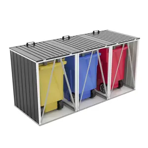 Heavy-Duty Outdoor Garbage Bin Shed with Lockable Doors & Waterproof Lid Chain – Stores 3 Trash Cans, Features Pneumatic Support Rod for Patio, Garden & Backyard in Grey