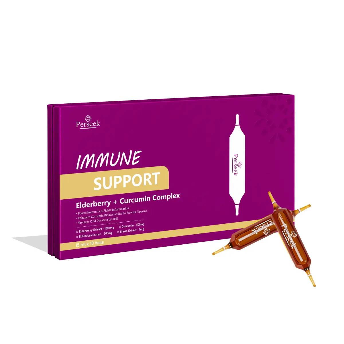 Perseek Triple-Action Immune Support: Elderberry + Curcumin + Piperine - 3x Better Absorption - 15mL x 10 Vials