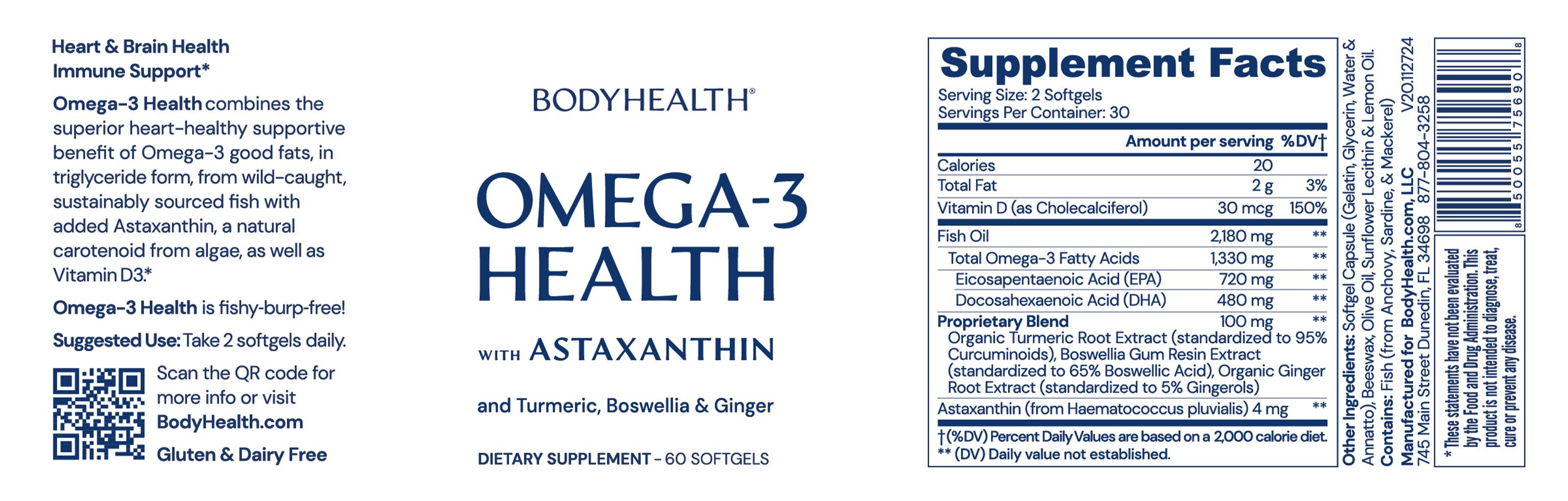 BODYHEALTH Omega-3 with Astaxanthin & Turmeric Boswellia Ginger - 60 Softgels - High-Quality Fish Oil Supplement for Brain Immune Health - Hypoallergenic Low Glycemic - No GMO Gluten Dairy Yeast Fitness Dietary