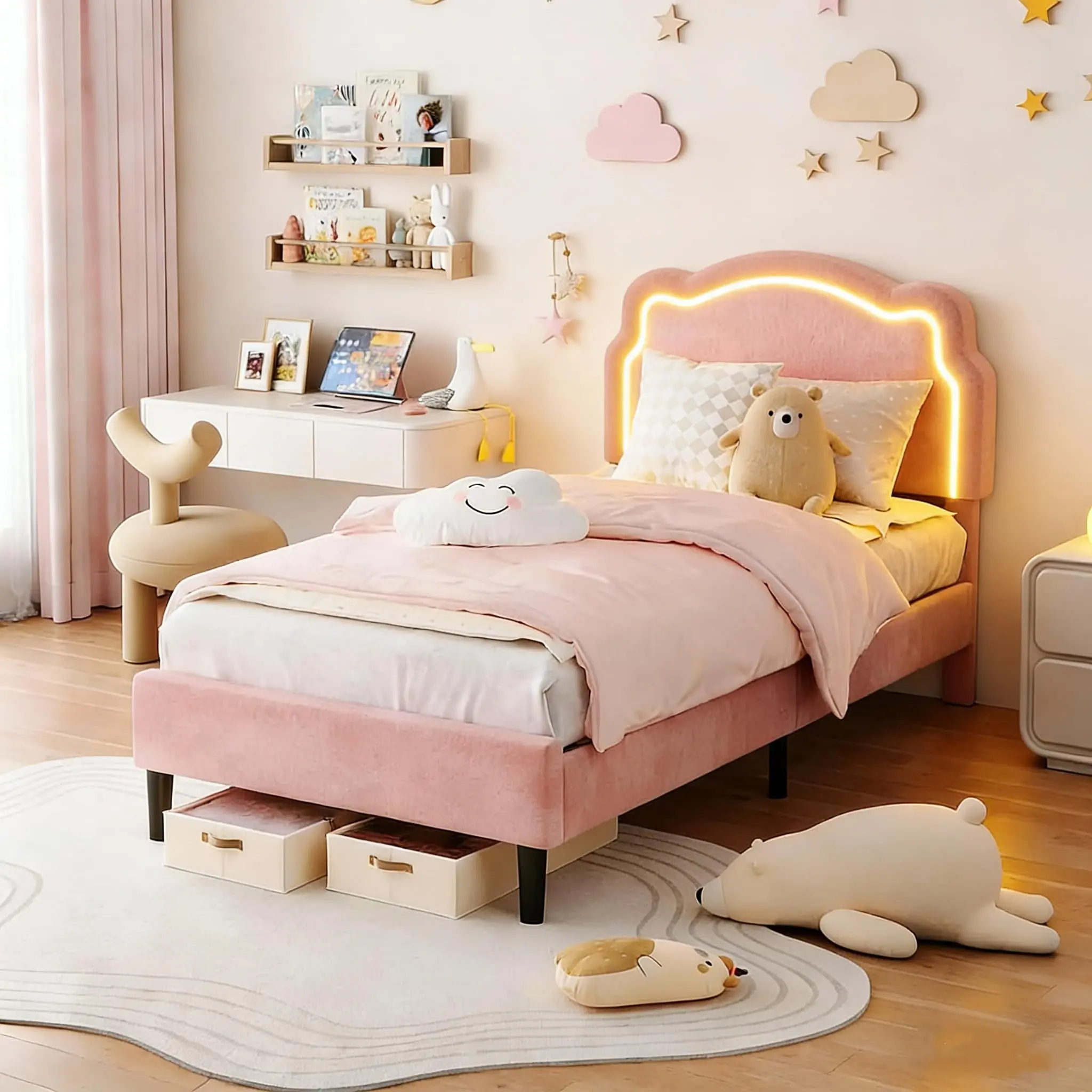 GAOMON Modern Princess Twin Bed Frame for Kids - Beige Wood Bed with Bear-Shaped Remote-Controlled RGB Glow Headboard, Storage Drawer, Noise-Free Slats, Soft Upholstery Cushions for Nightly Rest, No Box Spring Needed, Easy Setup Assembly, Led Lights