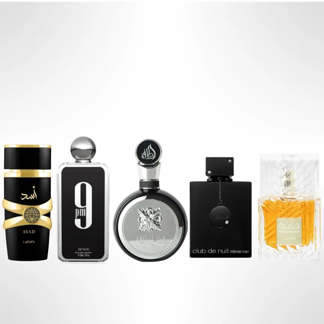 Lattafa Men's Multi-Scent Fragrance Multi-Pack Gift Bundle - Arabic Perfume, Bold Elegant EDP Cologne Collection with FAKHAR LATTAFA, KHAMRAH, 9PM, CLUB DE NUIT BLACK, ASAD Scents, Bold Elegant Fragrance