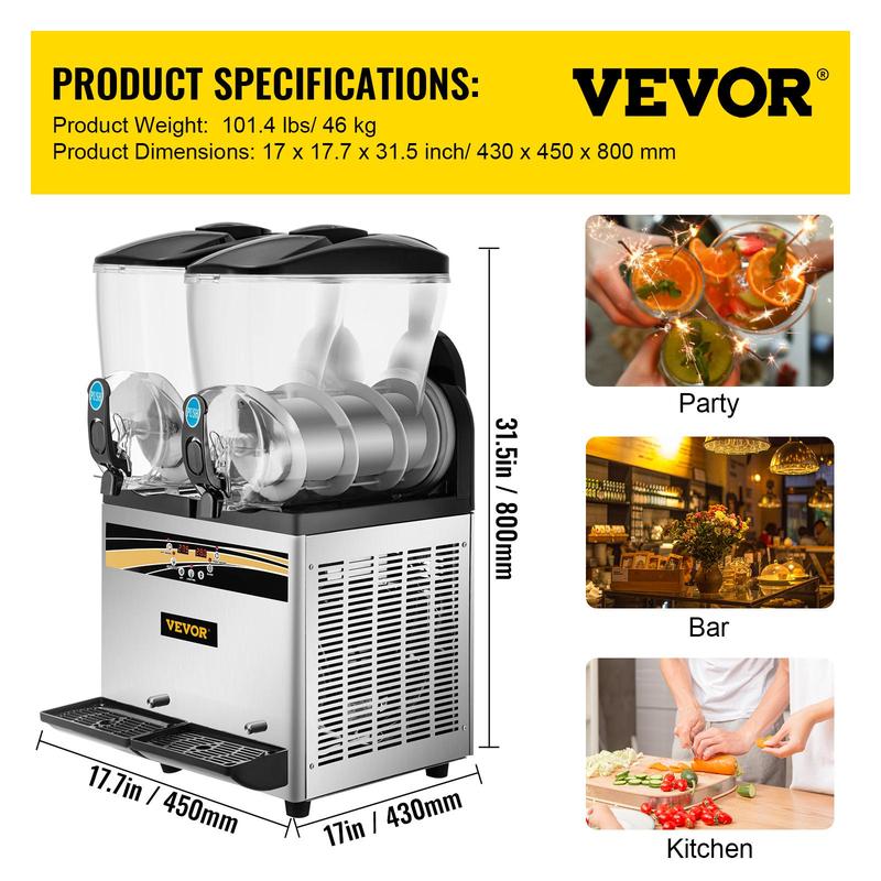 VEVOR Commercial Slushy Machine, 15Lx2 Tank Margarita Maker, 1000W Stainless Steel Smoothie Frozen Drink Maker for Supermarkets Cafes Restaurants Bars Home Use