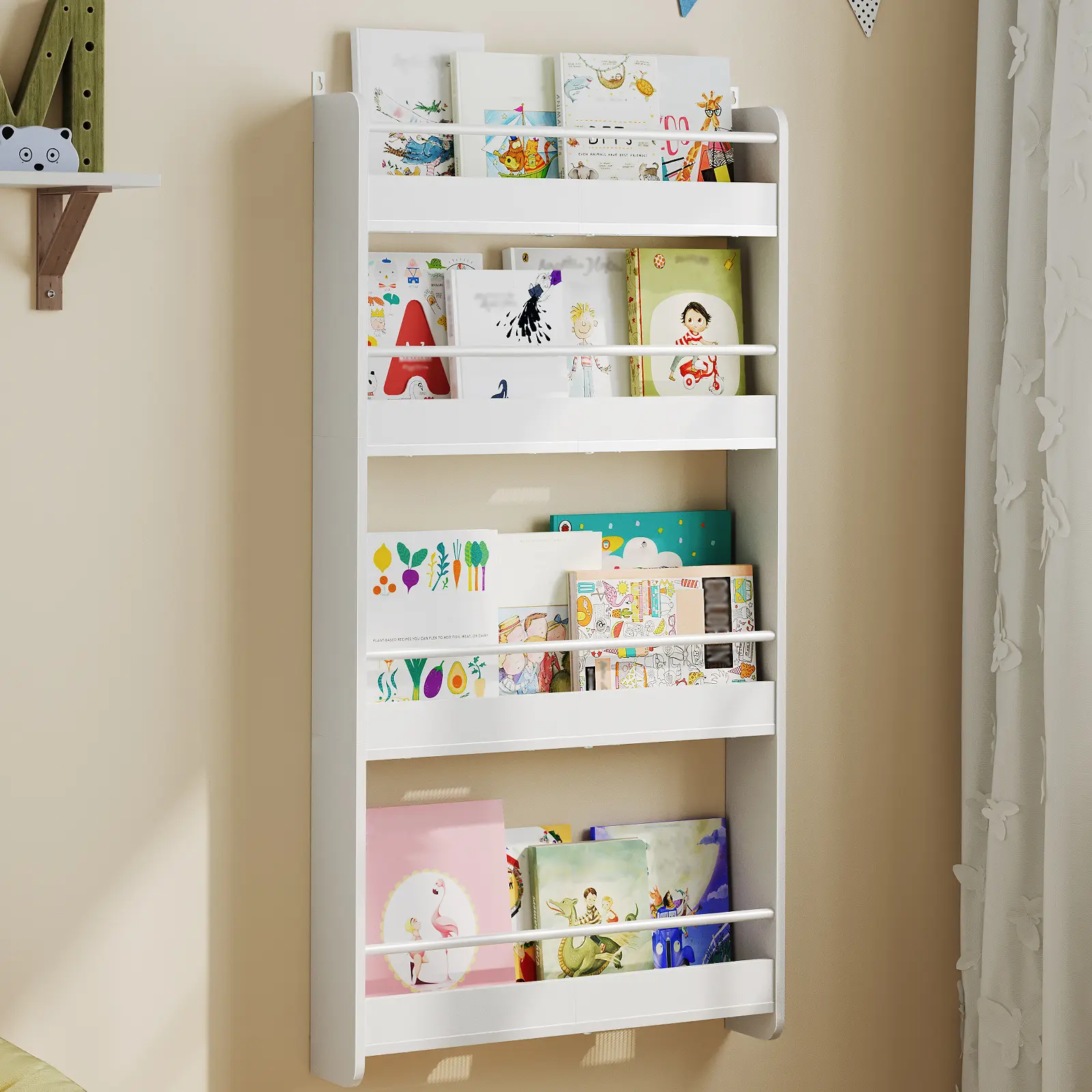 MAHANCRIS 4-Tier Wall Mount Bookshelf for Kids, Wooden Nursery Bookshelves, Hanging Book Shelf for Kids Room, Playroom, Bedroom, Living Room, White
