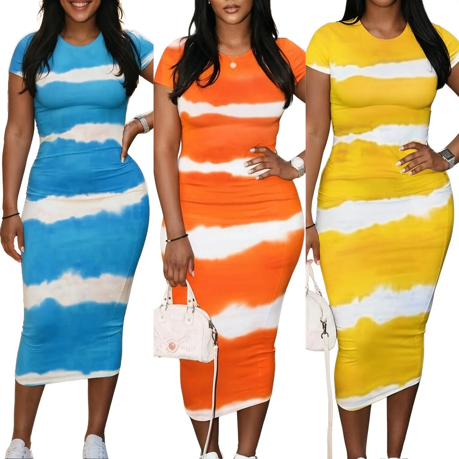 Women's Plus Size Tie-Dye Striped Short-Sleeve Crew Neck Stretchy Comfortable Simple-Style Midi Bodycon Pencil Dress for Casual Daily Wear, Shortsleeve, Basic, Clothes, Chic, Polyester