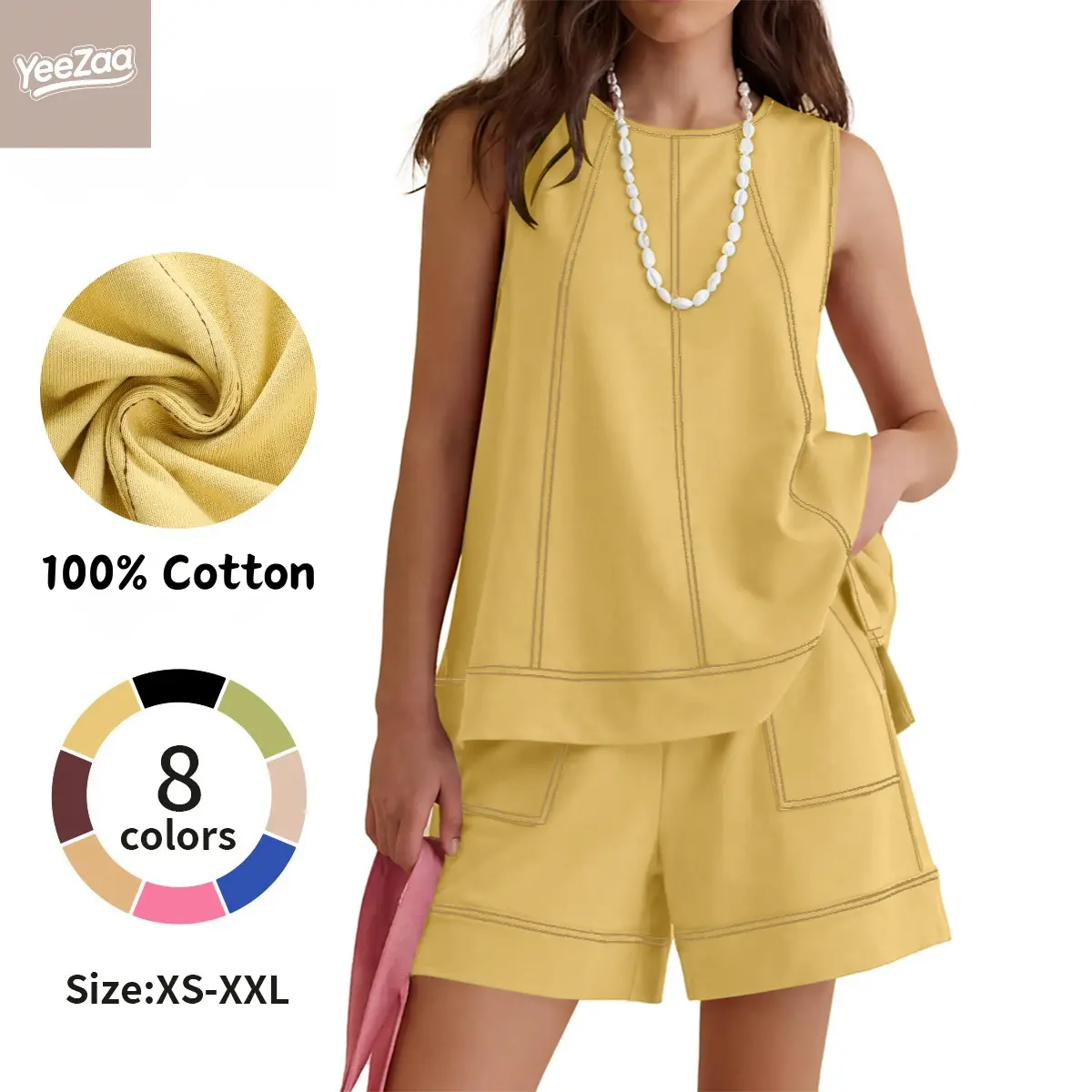 YeeZaa 2 Piece Short Sets for Women 100% Cotton Matching Sets 2026 Spring Summer  Two Piece Set Round A Line Tank Neck Sleeveless Tank Tops Drawstring Elastic Contrast Stitching Waist Shorts with Pockets