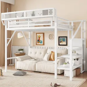 Twin Size Loft Bed with Stairs and Storage, Metal Loft Bed Frame with A Shelf and Large Under-Bed Space, Heavy-Duty Loft Beds for Teens, Adults, White