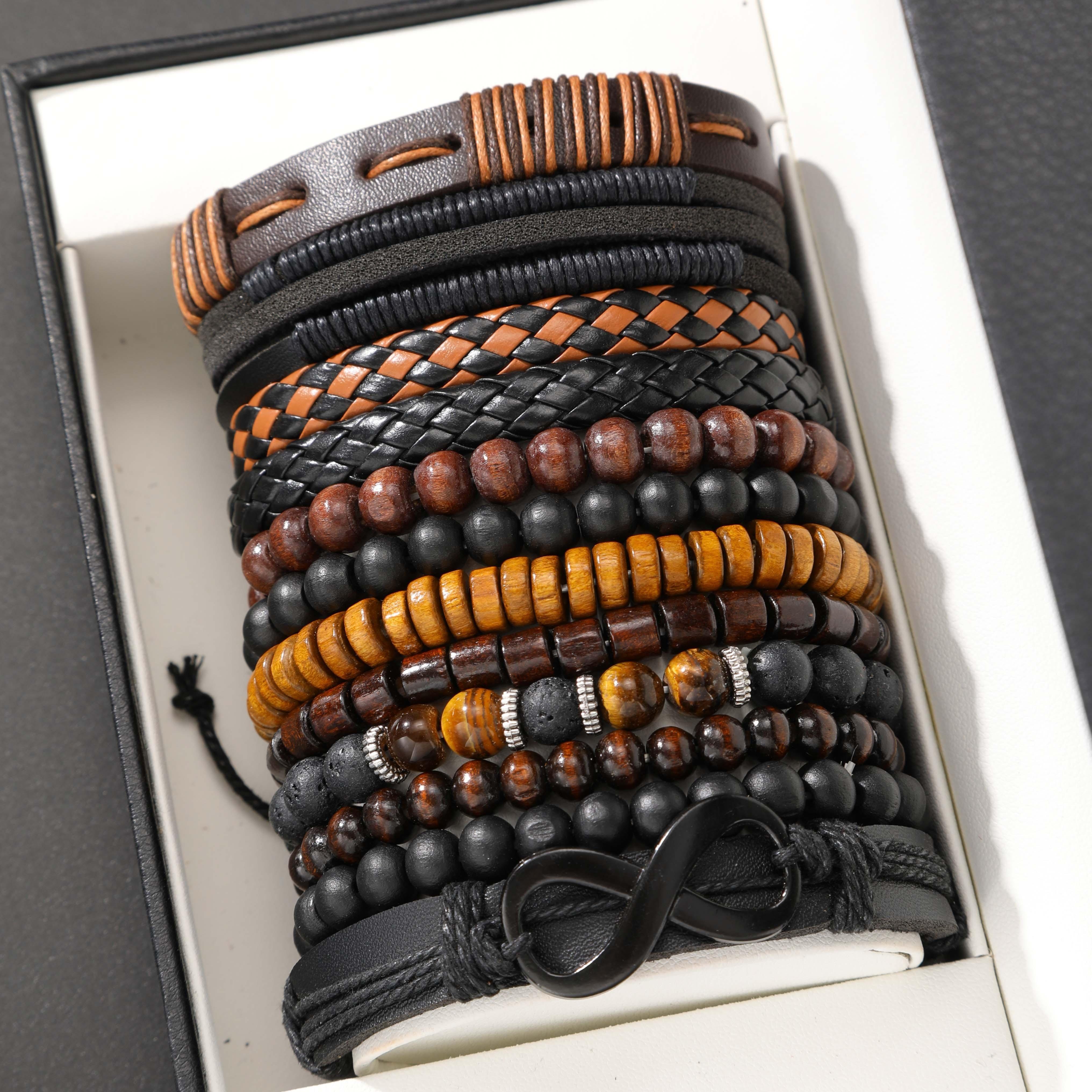 12Pcs/Set Vintage Men Artificial Leather Beads Bracelets - Bohemian Ethnic Men's Tiger Eye & Moonstone Beads, Braided Leather & Synthetic Fiber Cord Stackable Bracelets Fashion Jewelry for Casual & Party Versatile Daily Wear