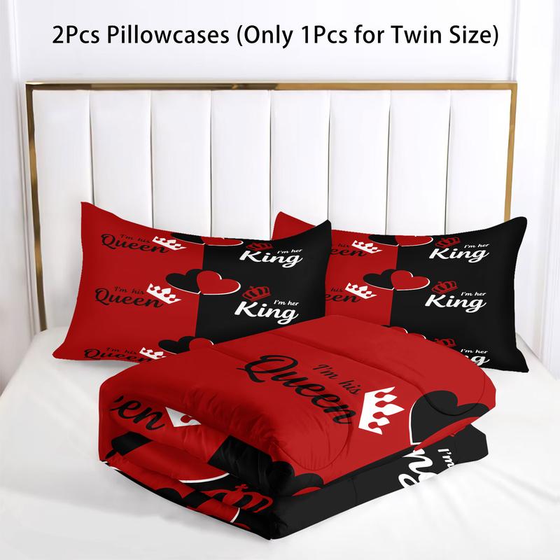 Black and Red Color-blocked Heart-patterned Comforter Set, Decorative Bedding Set with King and Queen Print. Soft, Fluffy, and Warm, Perfect for Beds, Sofas, Offices, and Camping. A Cozy and Comfortable Holiday Gift.