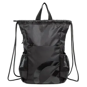 Black Drawstring Backpack Gym Bag For Men Women String Sports Backpack With Water Bottle Mesh Pockets And 2 Zippered Pocket Large Cinch Sackpack Workout