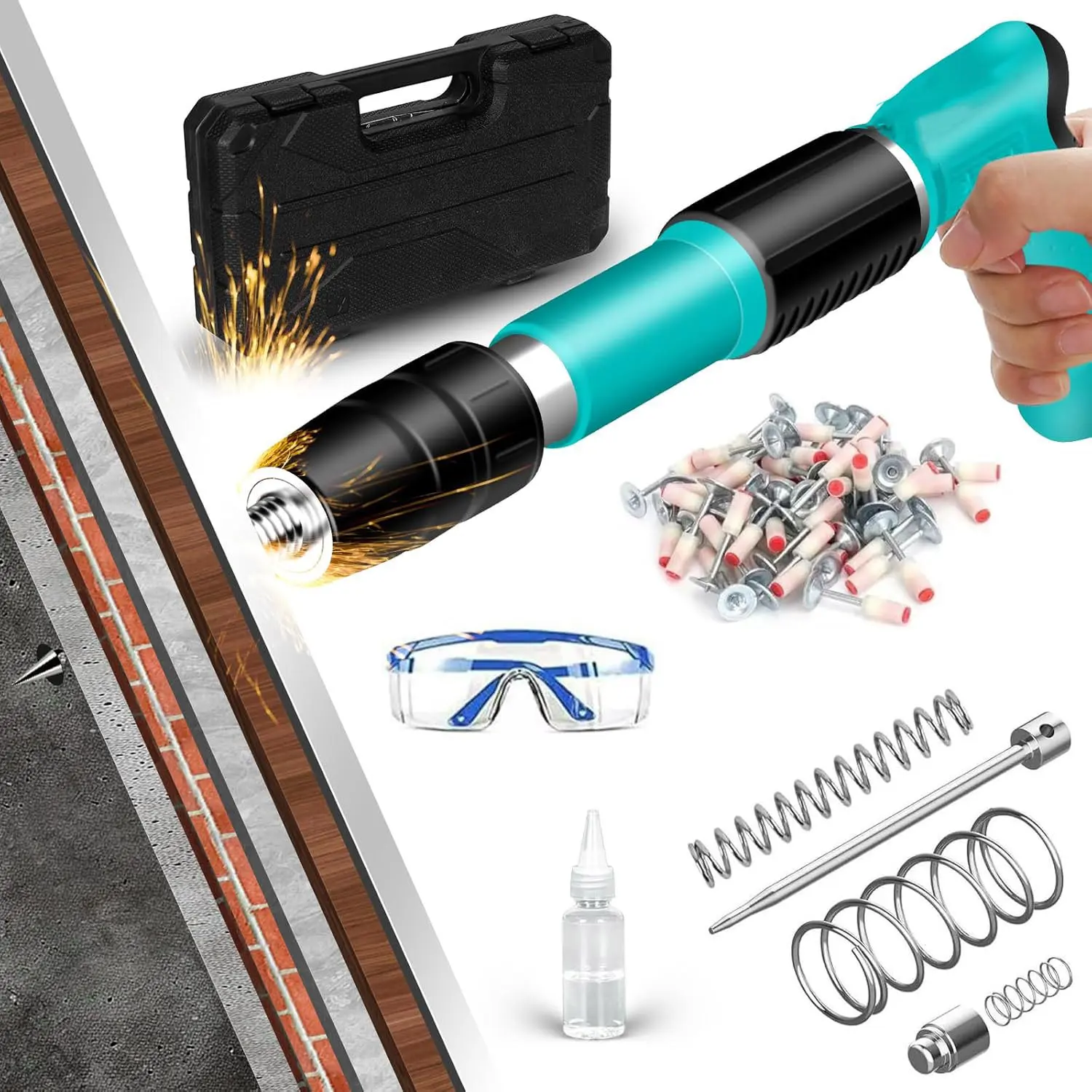 Concrete Nail Gun Kit With 100PCS Nails, Steel Nail Gun, Manual Nail Gun for Concrete, Portable Woodworking Decoration Concrete Nailer Gun, Nail Shooter Gun