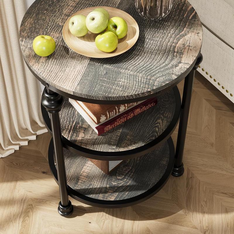 Round 3-Tier End Table with Storage, Rustic Farmhouse Side Table with Metal Column Legs, Dark Oak Accent Table for Living Room Bedroom, Industrial Style Nightstand, Easy Assembly