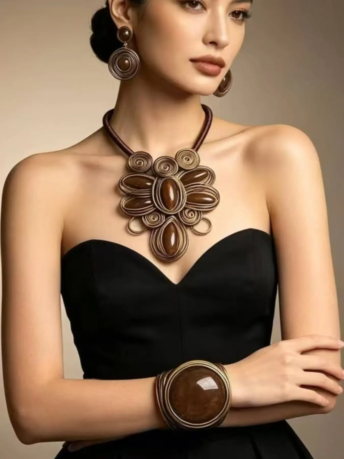 Hand woven fashionable exaggerated necklace, personalized and versatile earrings, open bracelet set, Trendy jewelry set, Elegant jewelry set