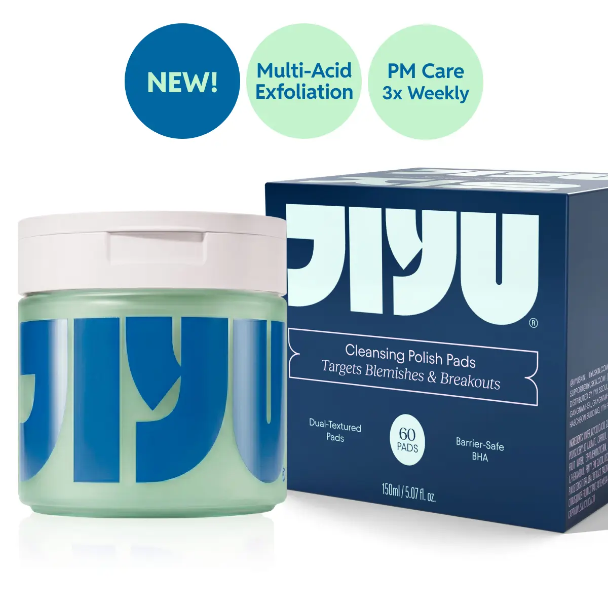 NEW! JIYU Dual-Textured Cleansing Polish Pads - Exfoliating Korean Skincare Pads for Blemishes, Texture, Redness with AHA, BHA, LHA, PHA Complex, Salicylic Acid, Niacinamide, GESOZLA Complex