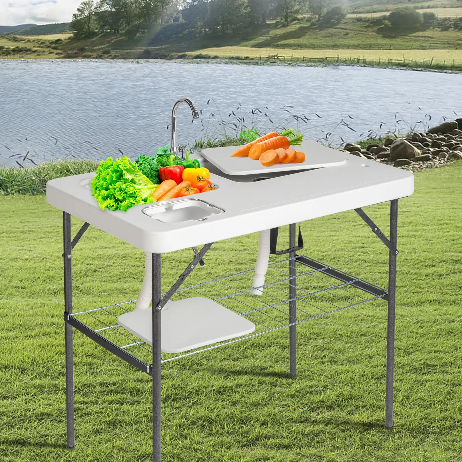 Folding Portable Camping Sink Table with Sink Faucet, Drainage Hose & Grid Rack, Multifunctional Camping Table with Faucet and Grid Rack - Double Sink Camping Station - WhiteWhite