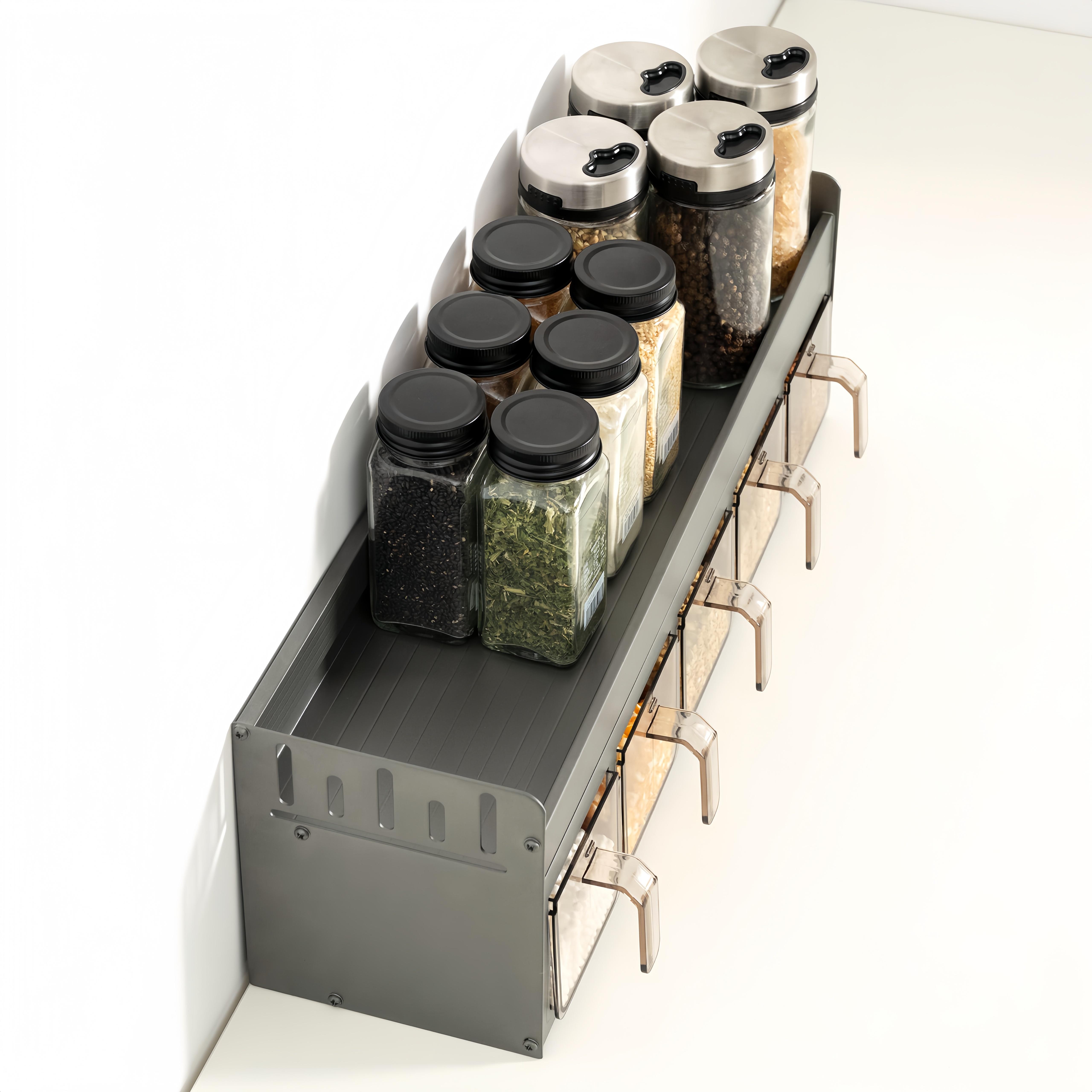 Bepatio Wall-Mounted Storage Spice Rack,Durable Rustproof Multi-Purpose Kitchen Organizer – No-Drill Installation, Includes Transparent Design Containers for Kitchen Organizer