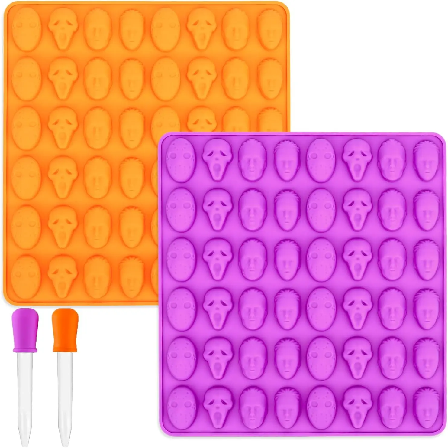 2 Pack Halloween  Molds, 48 Cavity  Skull  Mask  Molds with 2 Droppers for Candy, Jello, , Ice Cube, Fondant, Cupcake Decor