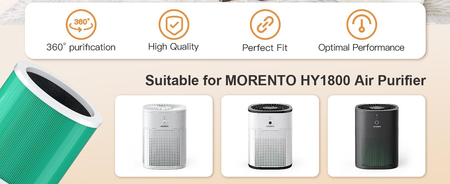 MORENTO HY1800 Genuine Air Purifier Replacement Filter, Ture HEPA Filter for Dust, Pet Dander, Smoke for HY1800 Air Purifer, 1 Pack