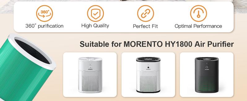 MORENTO HY1800 Genuine Air Purifier Replacement Filter, Ture HEPA Filter for Dust, Pet Dander, Smoke for HY1800 Air Purifer, 1 Pack