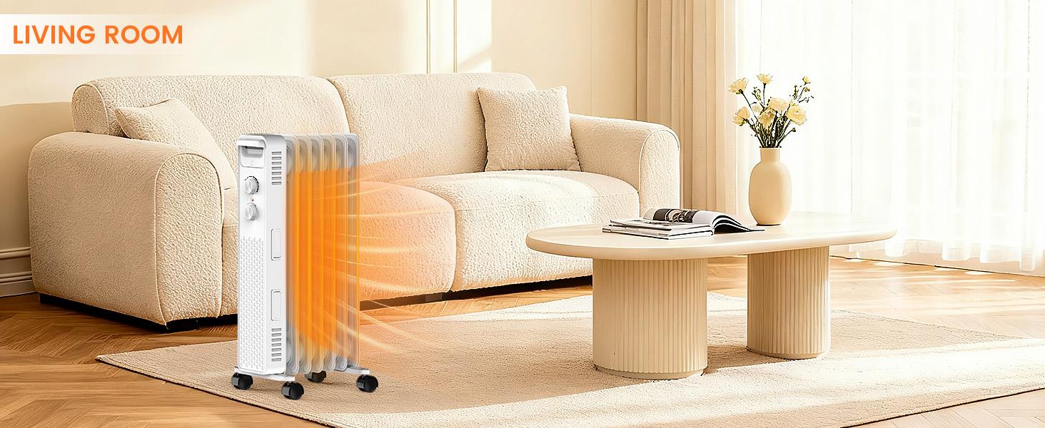 R.W.FLAME Oil Filled Radiator Heater,1500W Portable Electric with 3 Settings Adjustable Thermostat, Overheat Protection ,Quiet for Indoor Bedroom,Office, Wheels Handle Mobility, 7 Fins