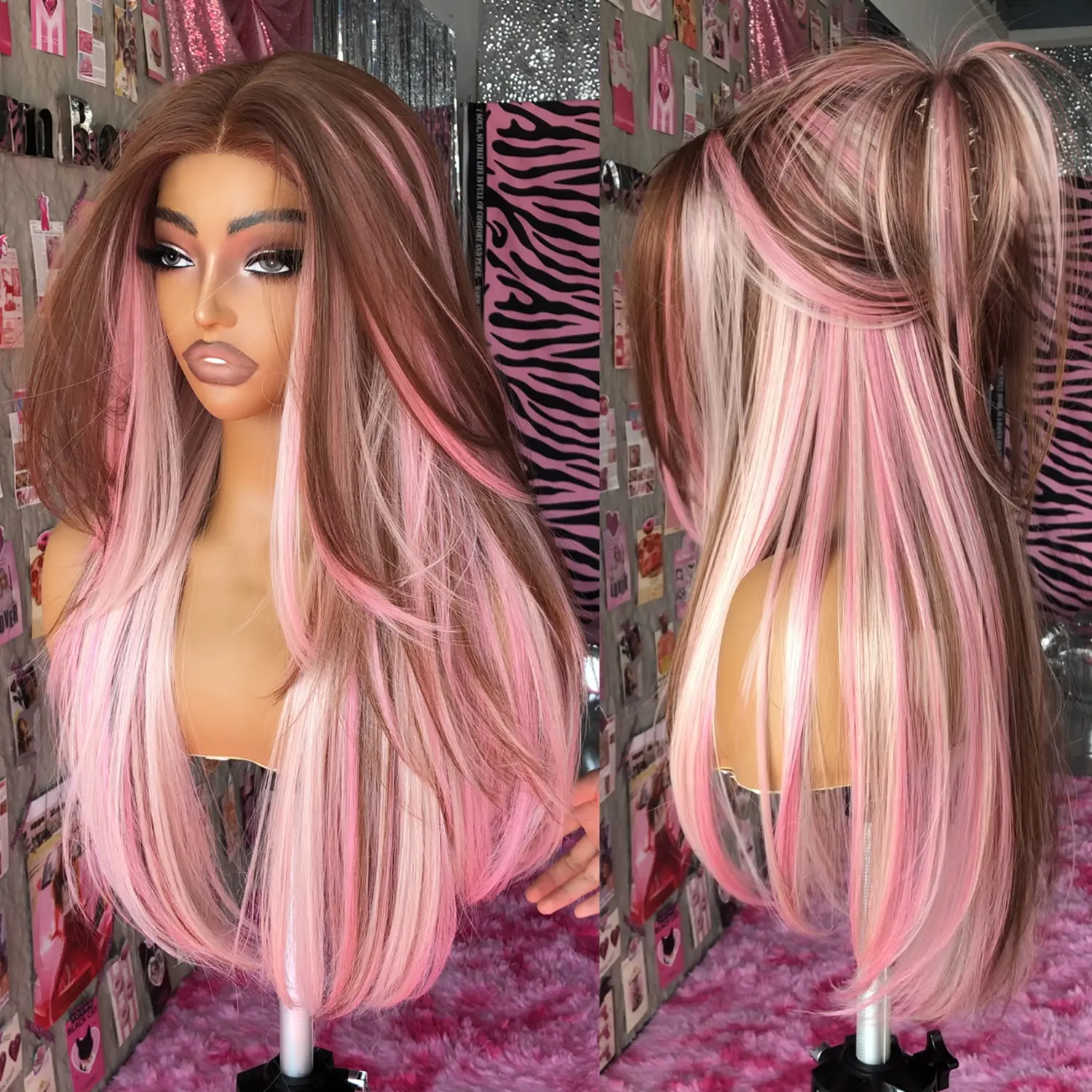 BrownBomb 26 Inch Cherry Cola Glueless Synthetic Wig for Women, Long Straight Layered Style with Bangs, Heat Resistant Pre-Cut HD Lace for a Natural Look, Front Lace Wig, Glueless Wigs