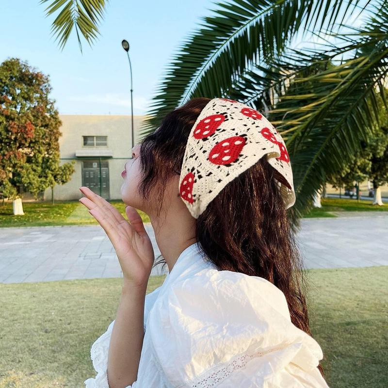 AWAYTR 2Pcs/Set Knitted Bandana Strawberry Mushroom Pattern Head Kerchief Hair Scarf Hair Scarves Crochet headband Tie Back Headwrap