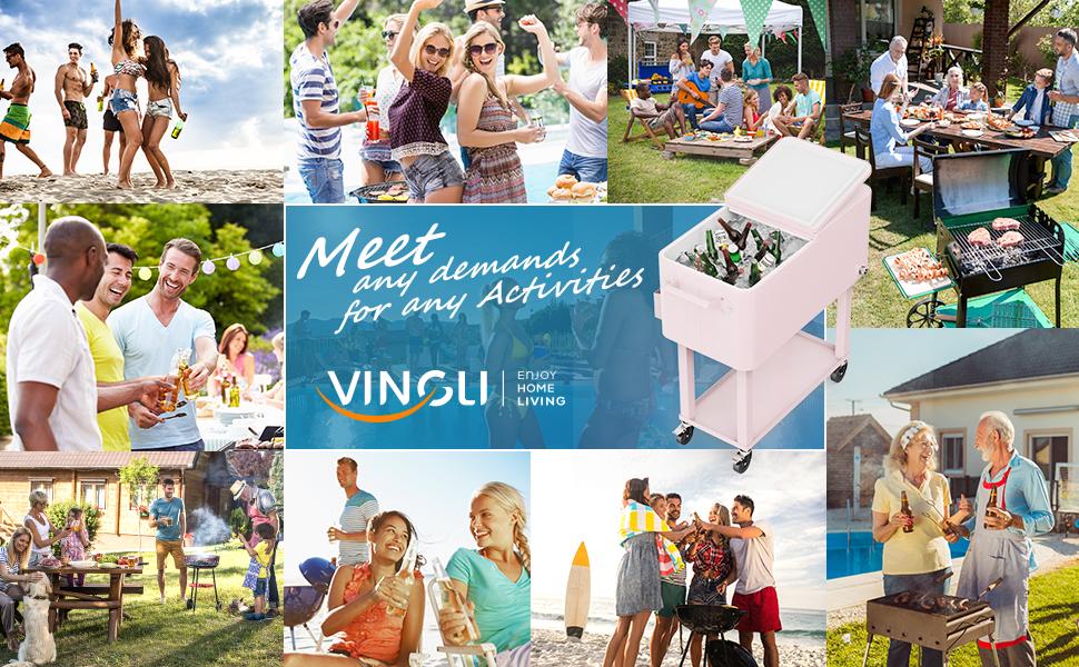 VINGLI 80 Quart Rolling Ice Chest, Portable Patio Party Bar Drink Cooler Cart, with Shelf, Beverage Pool with Bottle Opener