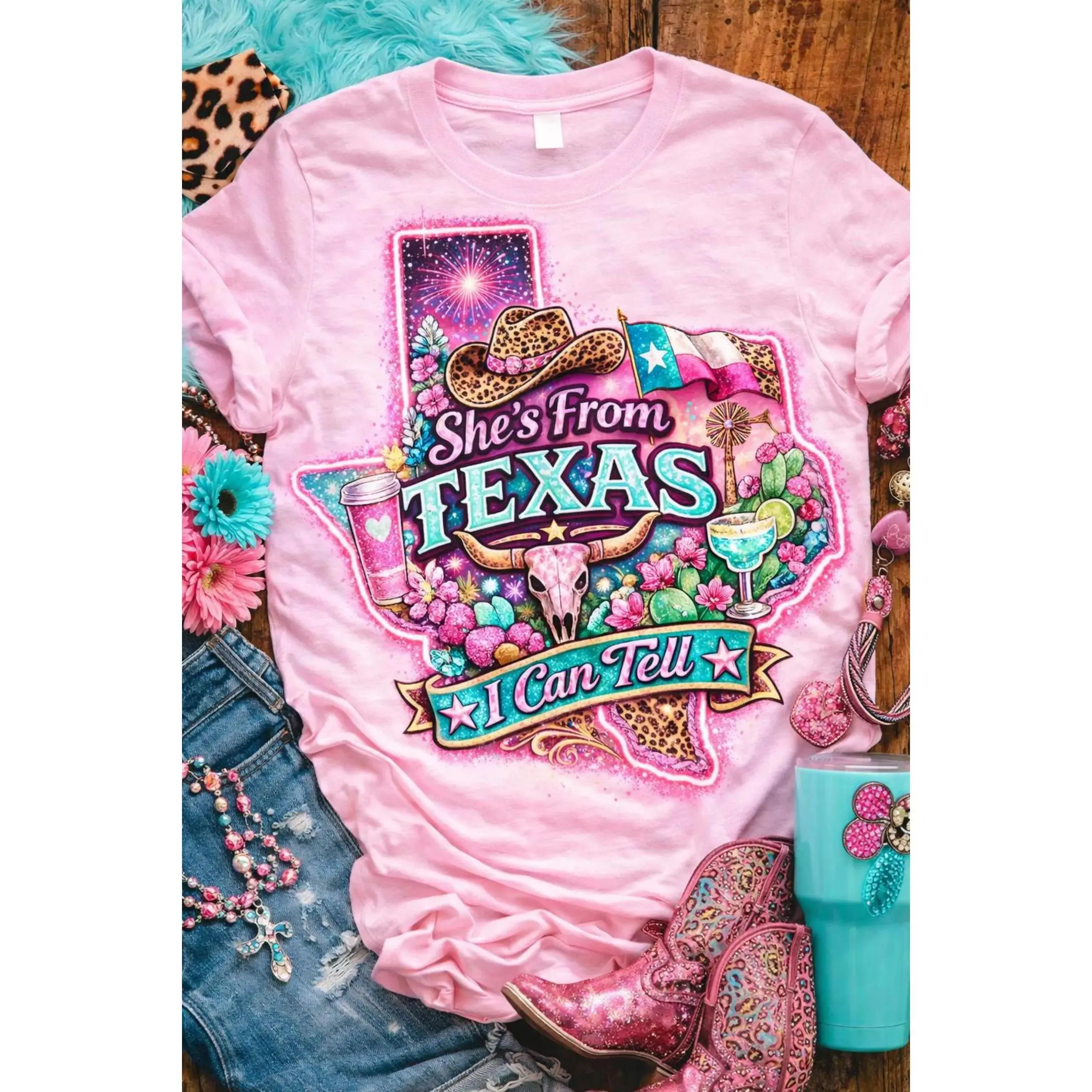 She’s From Texas I Can Tell Shirt – Pink Texas Western Graphic Tee, Cowgirl Leopard Rodeo Women T-Shirt