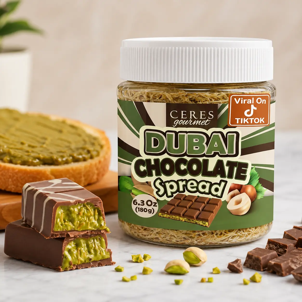 Dubai Chocolate Spread, 6.35 oz Jar – Real Chocolate with Pistachio & Kataifi, Gourmet Dubai Chocolate Filling for Pancakes, Breakfast, Snacks & Desserts