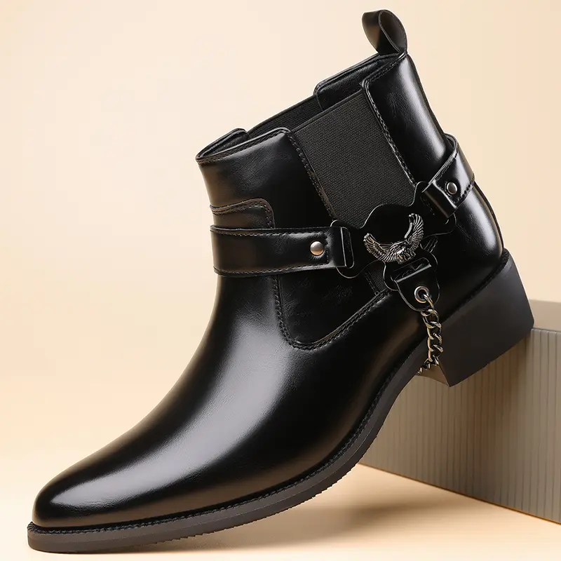 Men's fashion boots, high-heeled ankle boots, anti-slip, thick heel, durable and casual, vintage classic, chain design, daily wear, Father's Day gift - black, brown, wine red, closed
