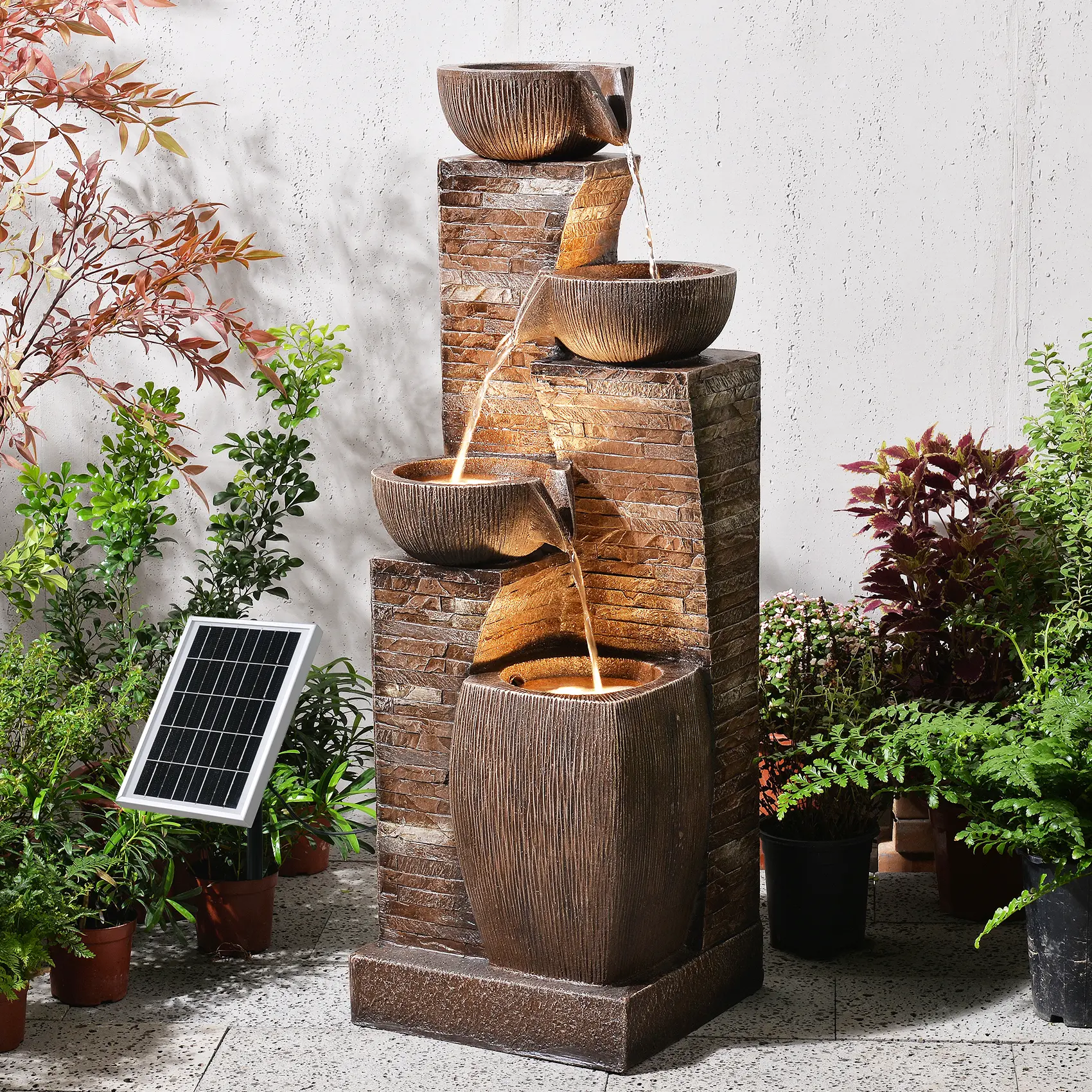 38.2" Tall Solar-Powered Outdoor Water Fountain with 4-Tier Modern Cascading Bowls, Stacked Stone Look, LED Lights for Garden, Patio Home Art Decor