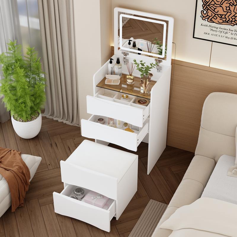 FUFU&GAGA 4 Types Makeup Vanity Desk with 3-Lights Mirror and Drawers for Makeup Equipped with Stool