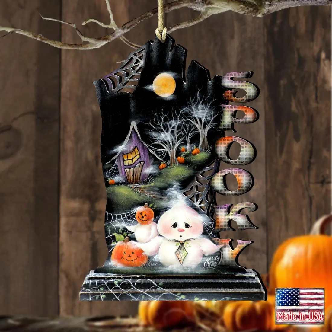 Designocracy 8457408-S2 Artistic UV-Coated "This Boos for You" Lightweight Wooden Halloween Ghost House Hanging Ornaments, 5X5.5" in, Set of 2, Indoor/Outdoor Decoration, Gift Bag-Included Holiday Gift for Event Setup, All Seasons Use