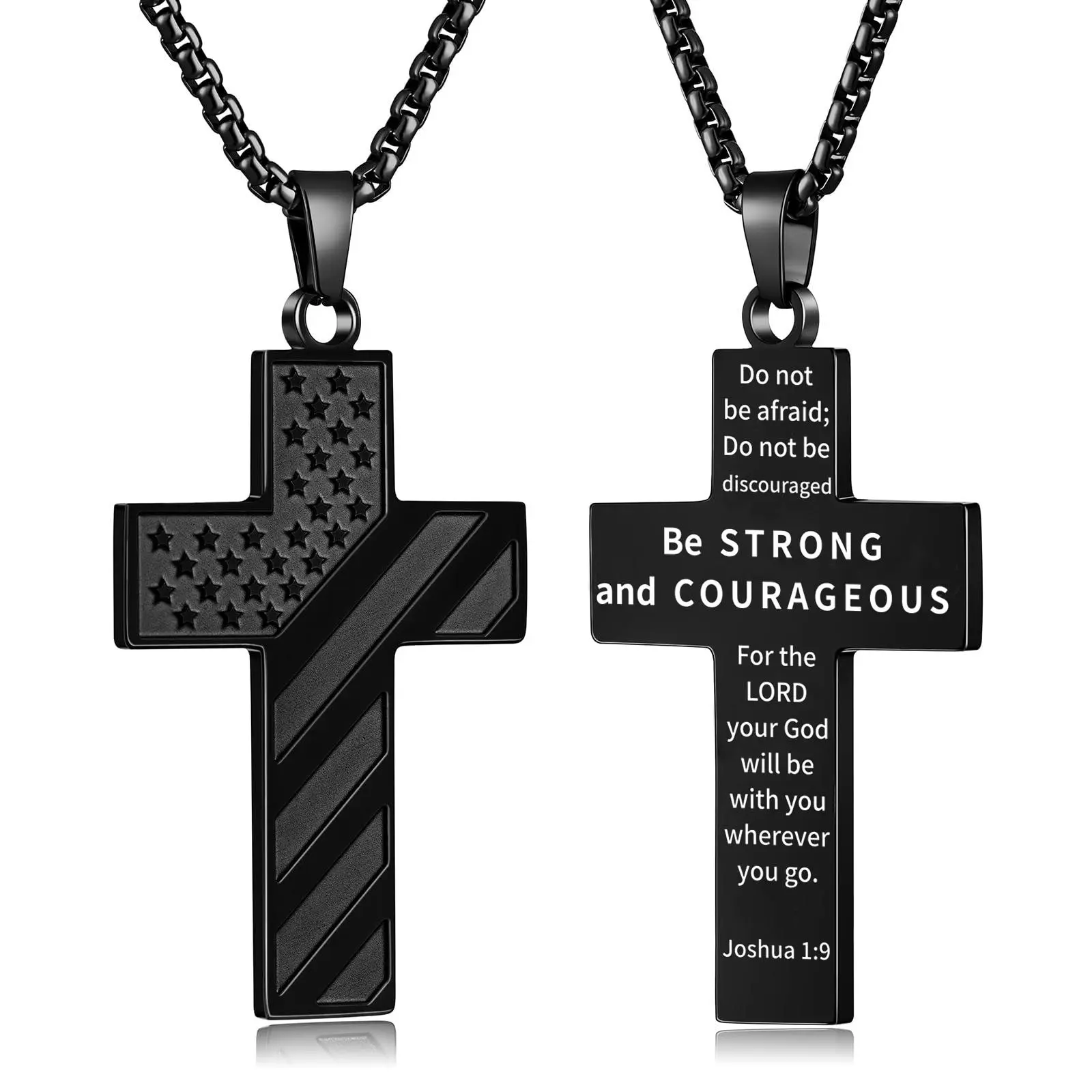 Engraved Steel American Flag Cross Necklace - Religious Symbol Jewelry, Single Christian Cross Graphic Pendant, Juniors Chain, Christmas Gift for Men, Women