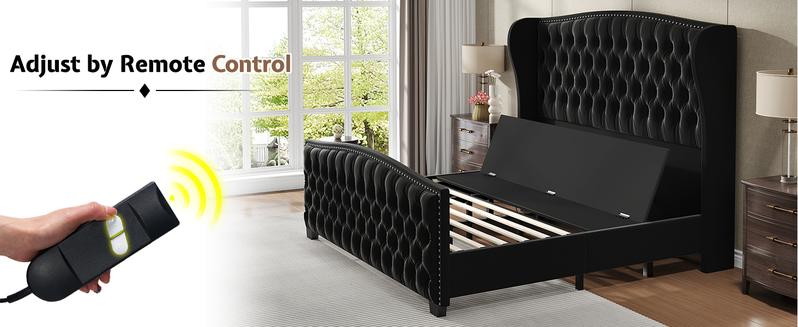 [Ships in 2 Boxes] AMERLIFE Adjustable Bed Frame, 50.8" H Velvet Upholstered Bed with Wingback Headboard and Deep Button Tufting, Platform Bed Frame with Dual Motor and Remote Control, No Box Spring Needed/Best Gift Ideas/Christmas Gifts