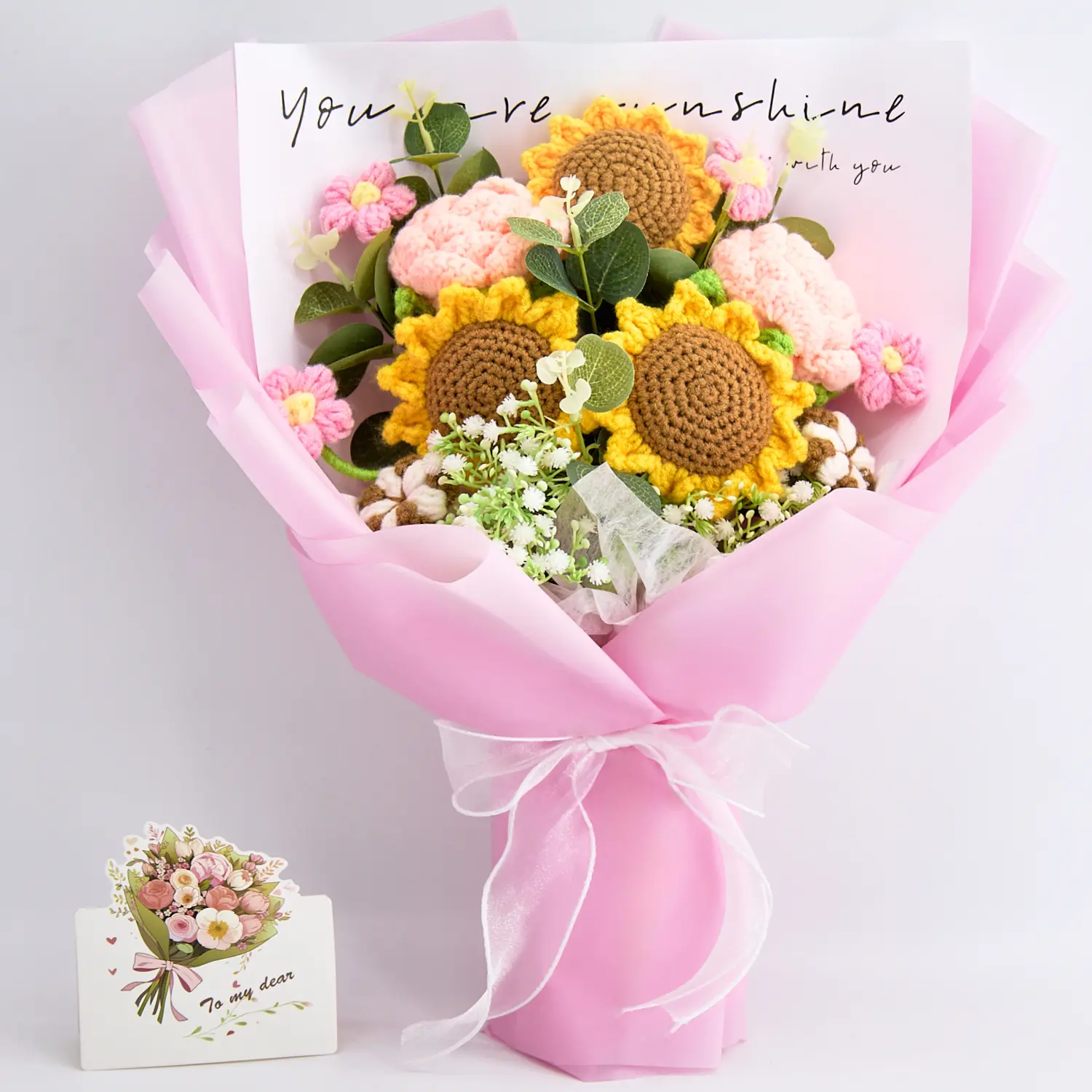 Handmade Crochet Flowers Bouquet Gift for Girlfriend Birthday Wedding Anniversary Just Because Graduation Gift with 3 Sunflowers Pink Roses Puffs Forever Flowers for Her with Greeting Card US Fast Shipping Wrapped Ready to Gift Grandma