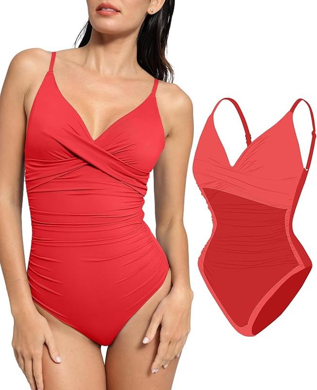 POPILUSH Ruched Cross-Front One-Piece Swimsuit Shapewear with Tummy Control Adjustable Straps High-Waisted Bathing Suit for Pool Beachwear
