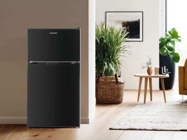 BANGSON 3.2 Cu.Ft Mini Fridge, Double Door Small Refrigerator with Freezer, Adjustable Thermostat, Energy-Efficient, Compact Refrigerator, Quiet Operation, LED Interior Light, Household Appliances