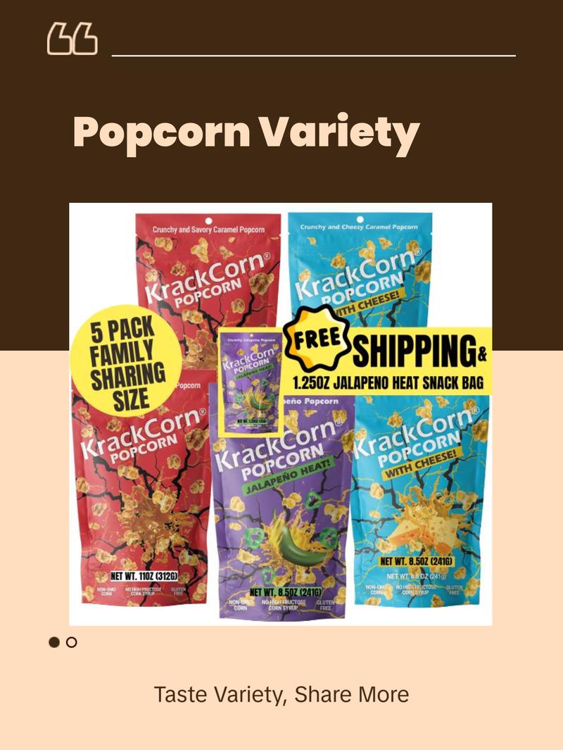 KrackCorn Popcorn Large 5-Bag Variety Pack+FREE Bag! Three Flavors. Crunchy Caramel. Savory Cheese. Spicy Jalapeno Heat. Gluten Free. Non GMO Corn. No High Fructose Corn Syrup. KrackCorn Popcorn Large 5-Bag Variety Pack+FREE Bag! Three Flavors. Crunchy Caramel. Savory Cheese. Spicy Jalapeno Heat. Gluten Free. Non GMO Corn. No High Fructose Corn Syrup.