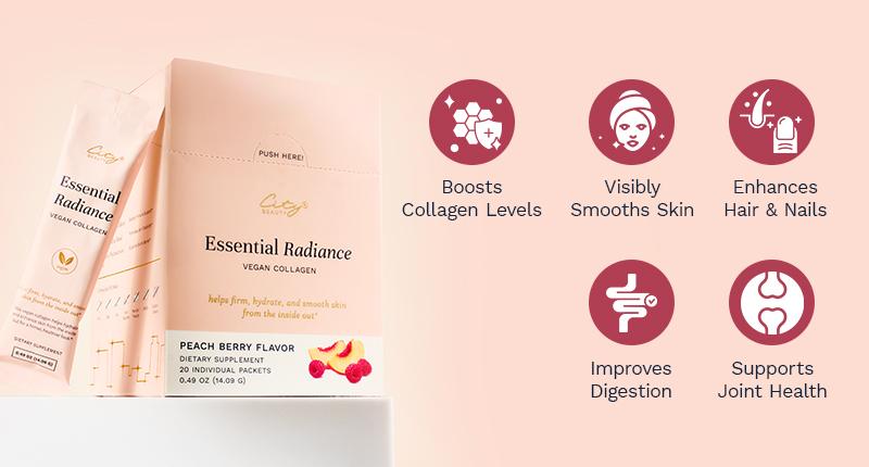 City Beauty Essential Radiance – Vegan Collagen Boosting Blend for Skin, Hair & Nails† | Peach Berry Flavor | Supports Firmer, Healthier-Looking Skin, Energy & Digestion† | 20 Daily Packets