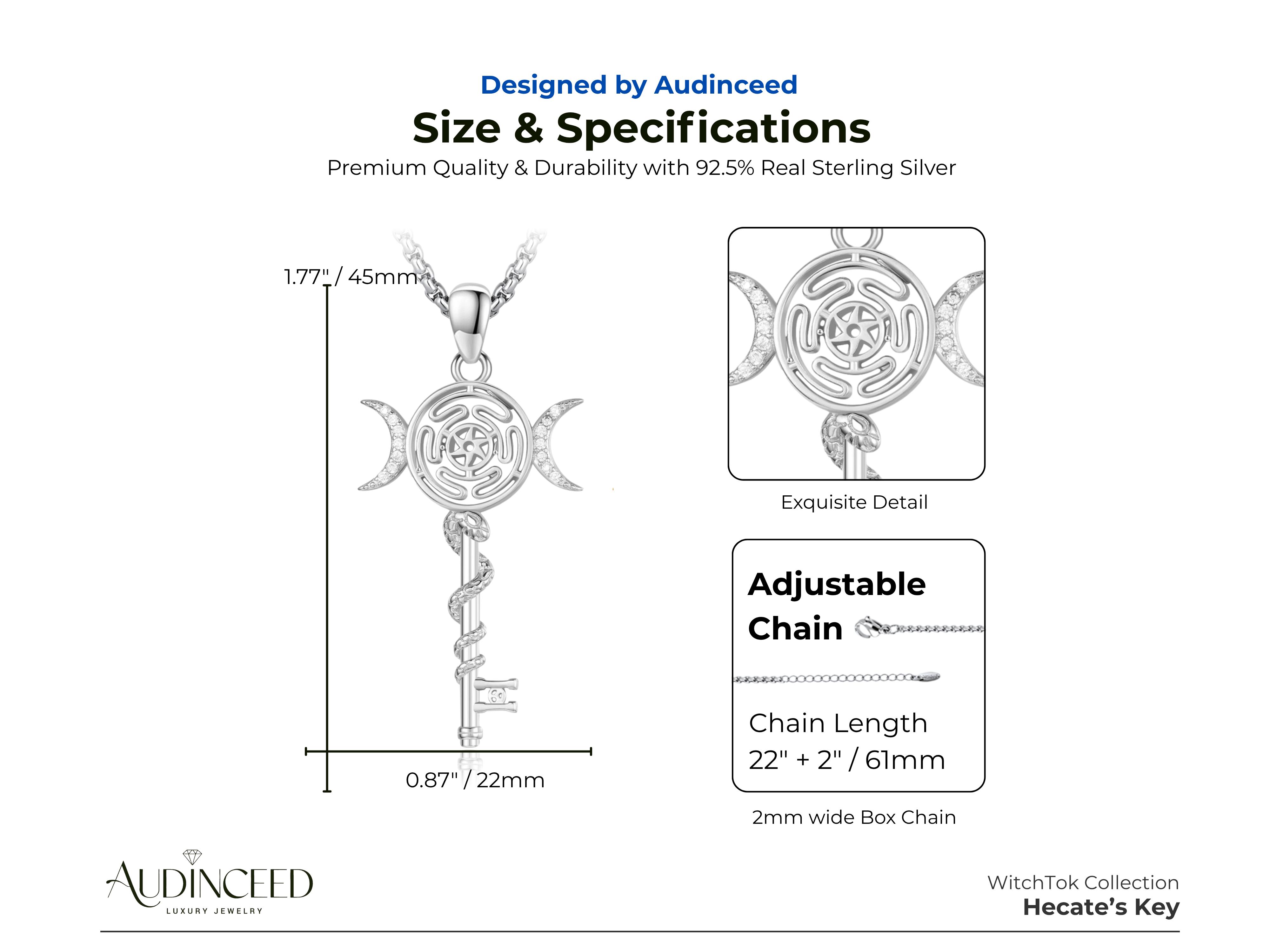 Audinceed Hecate's Key S925 Sterling Silver Moonstone Necklace, Witchtok Collection, Hekate Triple Moon Goddess Pagan Wiccan Magic Silver Necklace Pendant Protection Blessed Amulet Jewelry Gift for Women Men