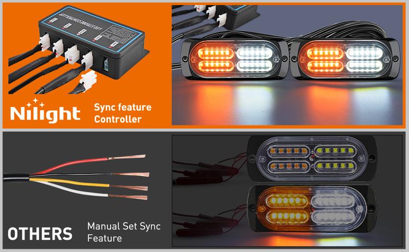 Nilight 4-pack LED strobe lights, 12V, sync function, amber/white, 24 LED hazard warning lights, with controller, can be hardwired or plugged in, suitable for cars, trucks, RVs, and campers. Product shown in the picture.
