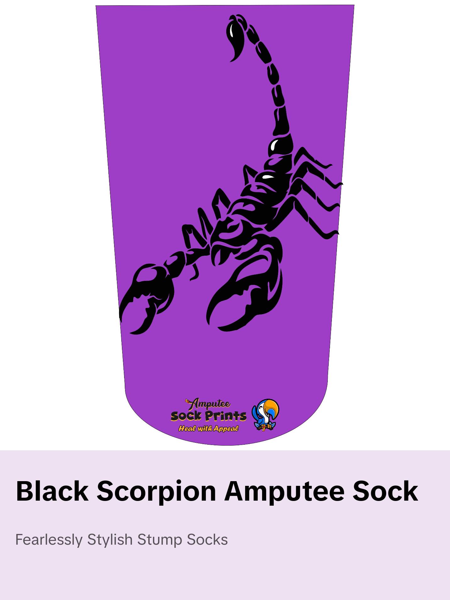 Amputee Sock "Black Scorpion Purple Bgnd Mockup V1", Prosthetic Limb Sock, 3ply Stump Sock