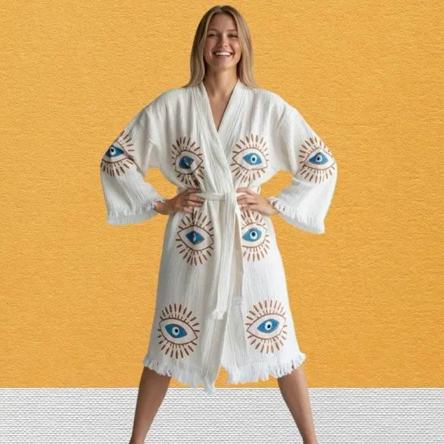 The Pinus Evil Eye Hand Painted 100% Cotton Kimono Robe, 1 Size Fits XS-XL, Women's Comfy Sleepwear & Loungewear Bathrobe