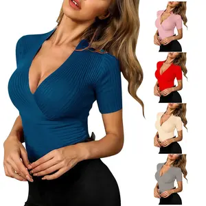 Women’s Sexy V Neck Ribbed Short Sleeve Top | Slim Fit Casual T-Shirt | Pink Beige Red Blue | S–XXXL Plus Size Womenswear Basic