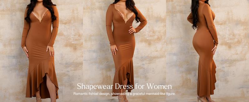 Popilush Shapewear Long Sleeve Lace Trim Mermaid Maxi Dress Chic Casual