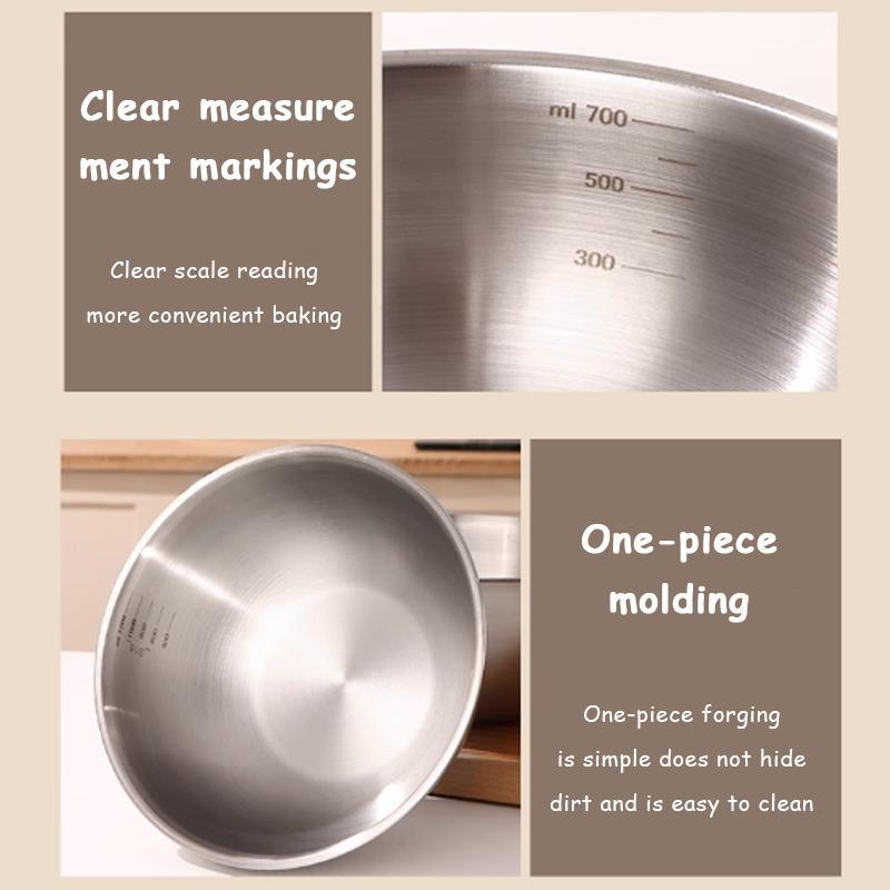 Four-piece mixing bowl set, stackable kitchen bowls with anti-slip bottoms, stackable food preparation bowls suitable for baking, cooking, salad making, dough mixing, stirring, meal preparation, serving and kitchen storage.