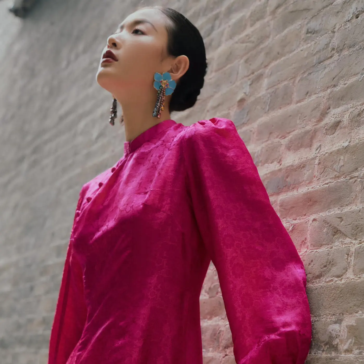 "Tang Bong" Ao Dai Set - Premium Wormsilk with Puff Sleeve in Magenta