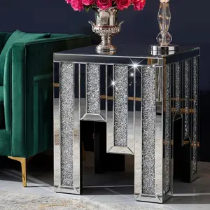 Mirrored Accent End Table, Crushed Diamond Side Table, Inlaid with Crystal Diamonds, Feature Glass Tops and Silver Frames, Making Them Suitable for Living Rooms, Corner Decoration, Bedrooms